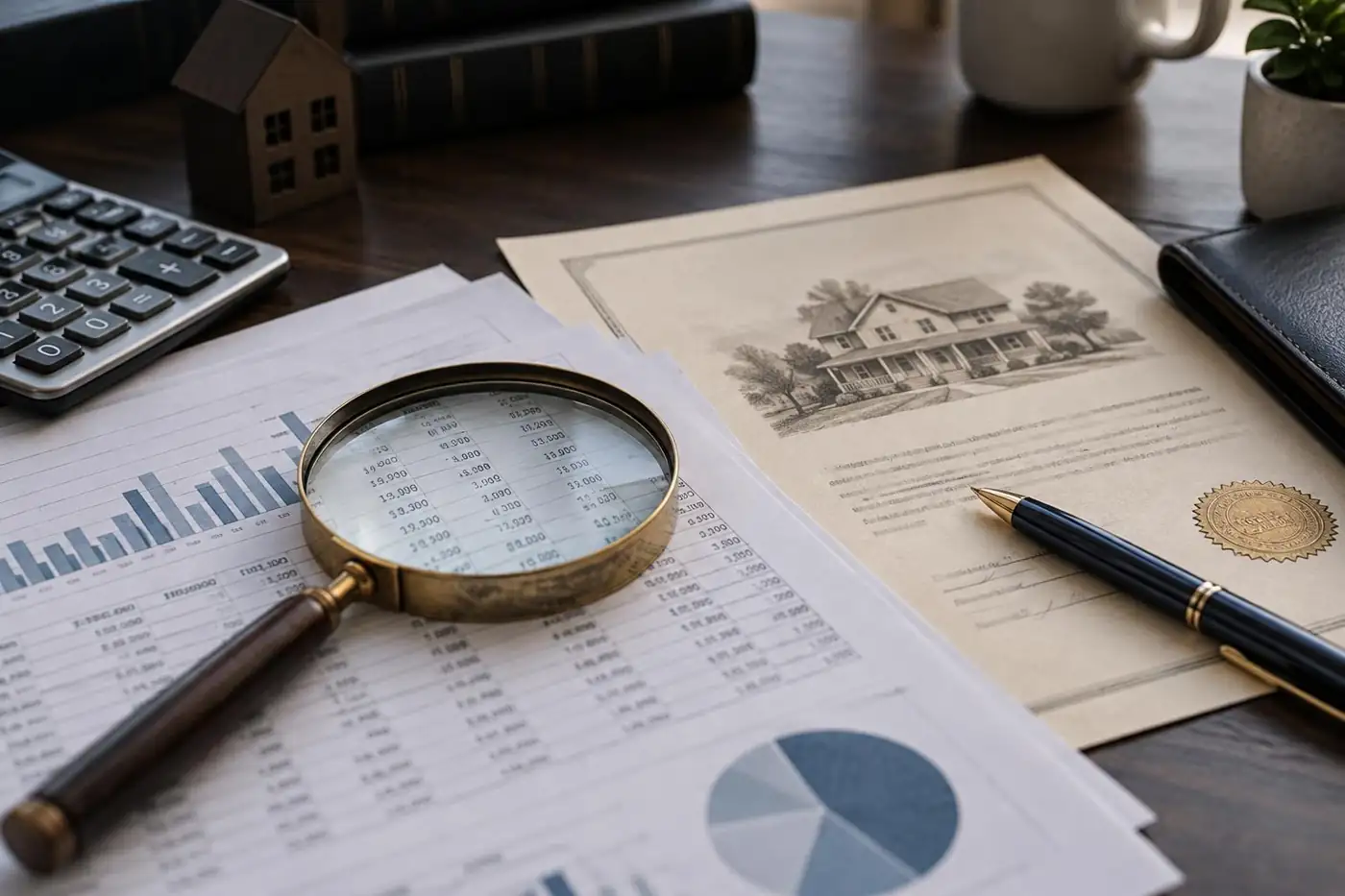 Financial statements, a property deed and a magnifying glass used in an asset search
