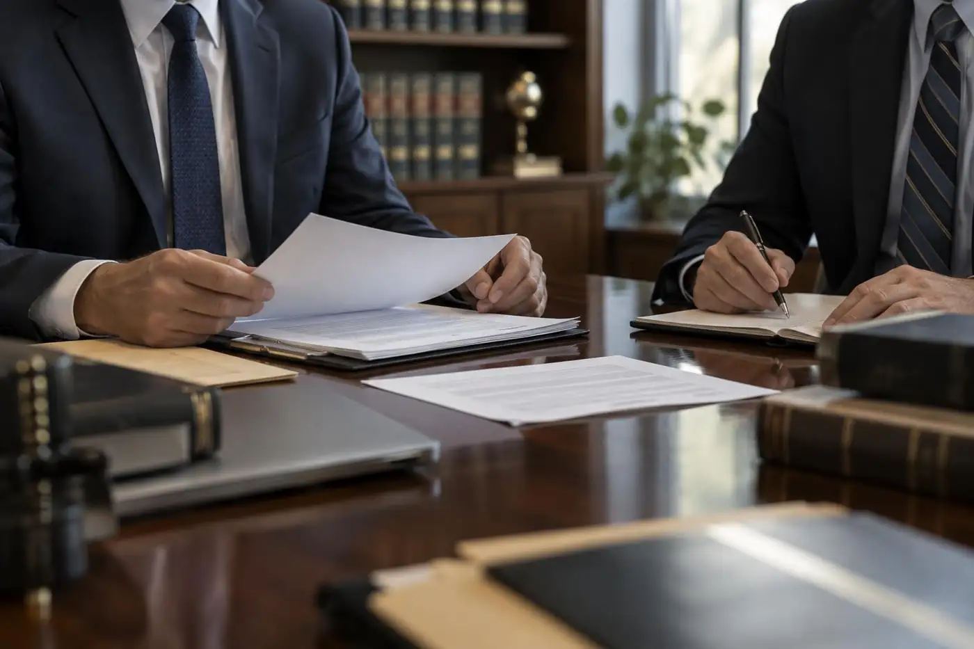 Attorney and investigator reviewing case documents in a law office