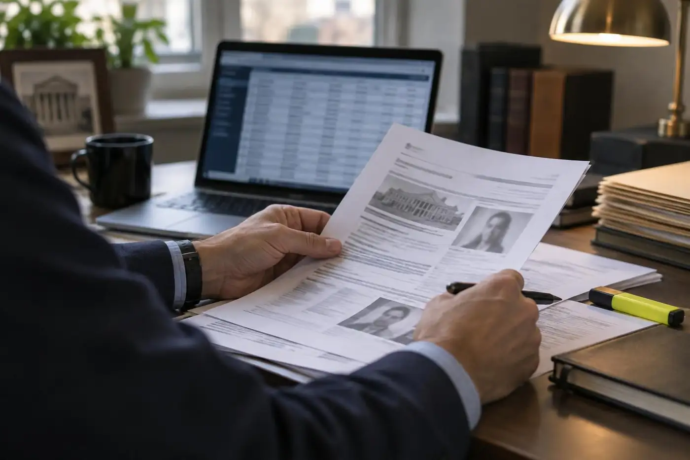 Investigator reviewing public records for a background investigation
