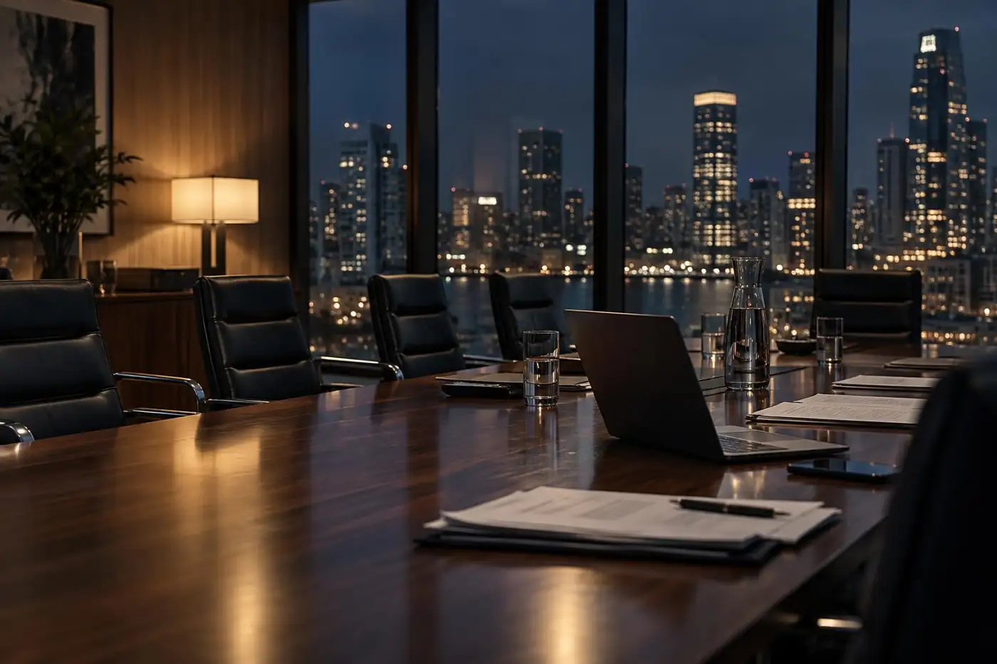 Corporate boardroom at night where a confidential investigation is discussed