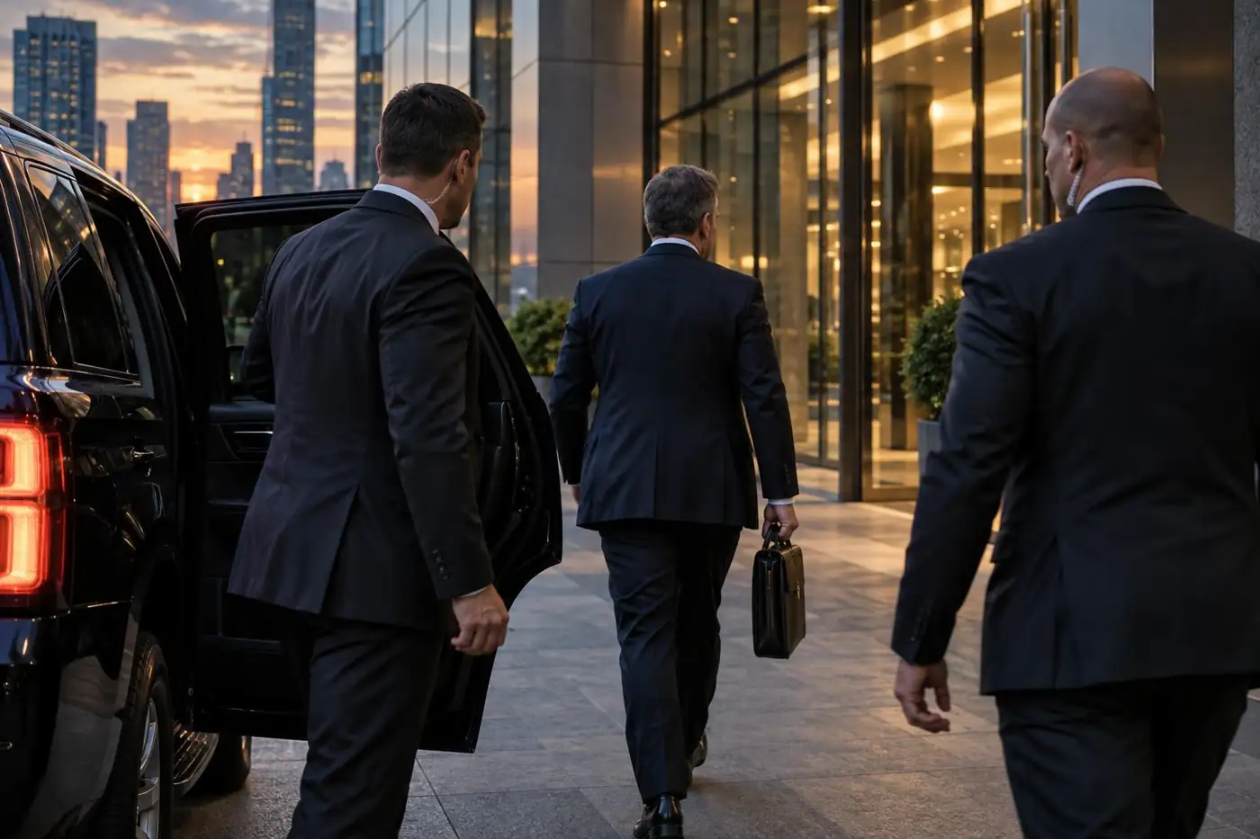 Executive protection agents escorting a client from a vehicle into a building