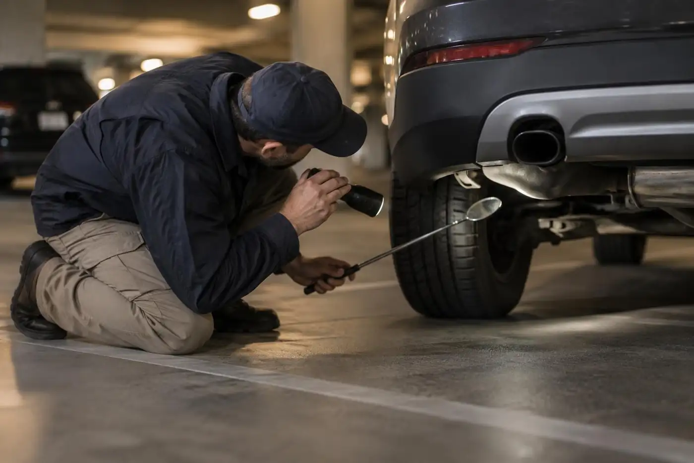 Technician inspecting under a vehicle for a hidden GPS tracker