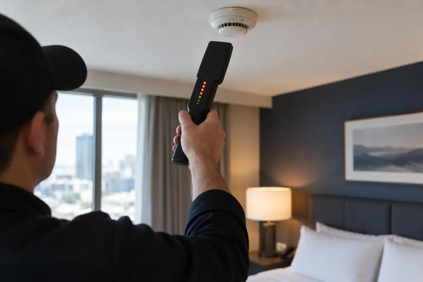 Technician scanning a ceiling smoke detector for a hidden camera
