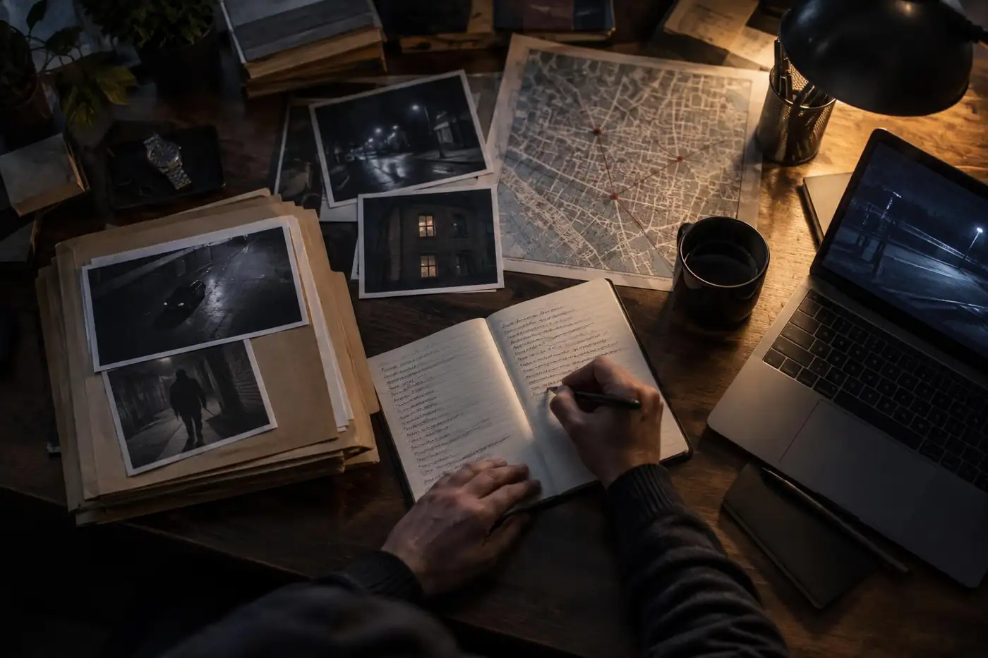 Private investigator case files, photographs and notes on a desk
